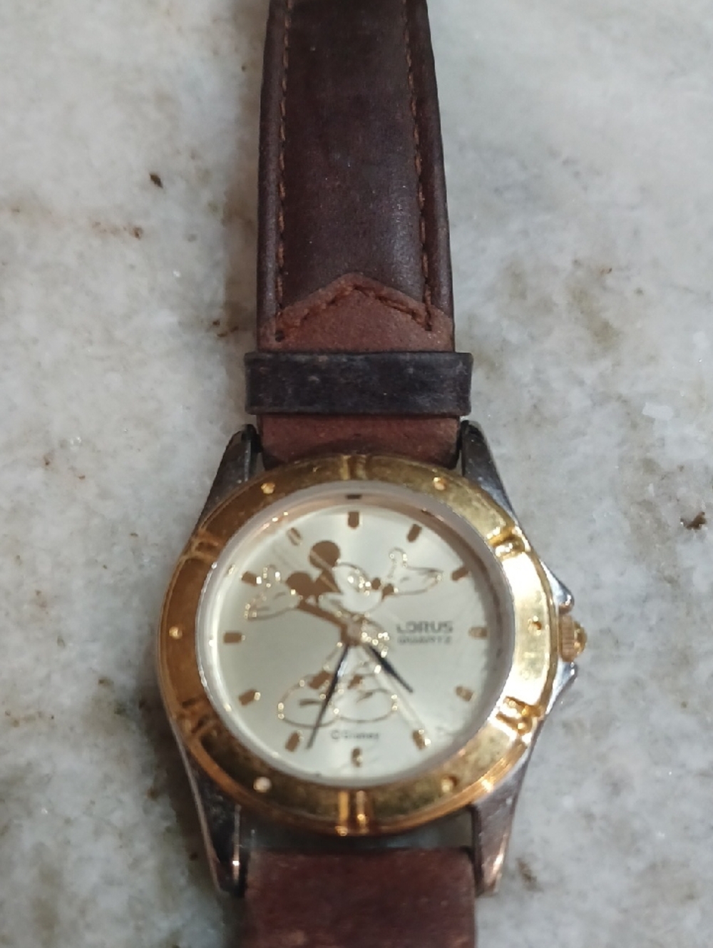 Lorus Mickey Mouse Gold-Tone Watch with Brown Leather Strap